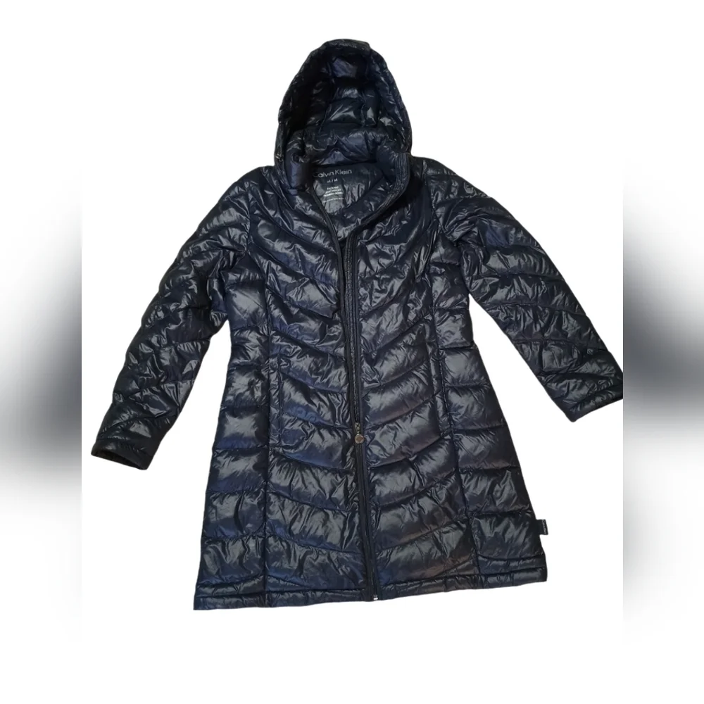 Calvin Klein Hooded Puffer Jacket Navy Blue Quilted Zip Coat Women's Medium